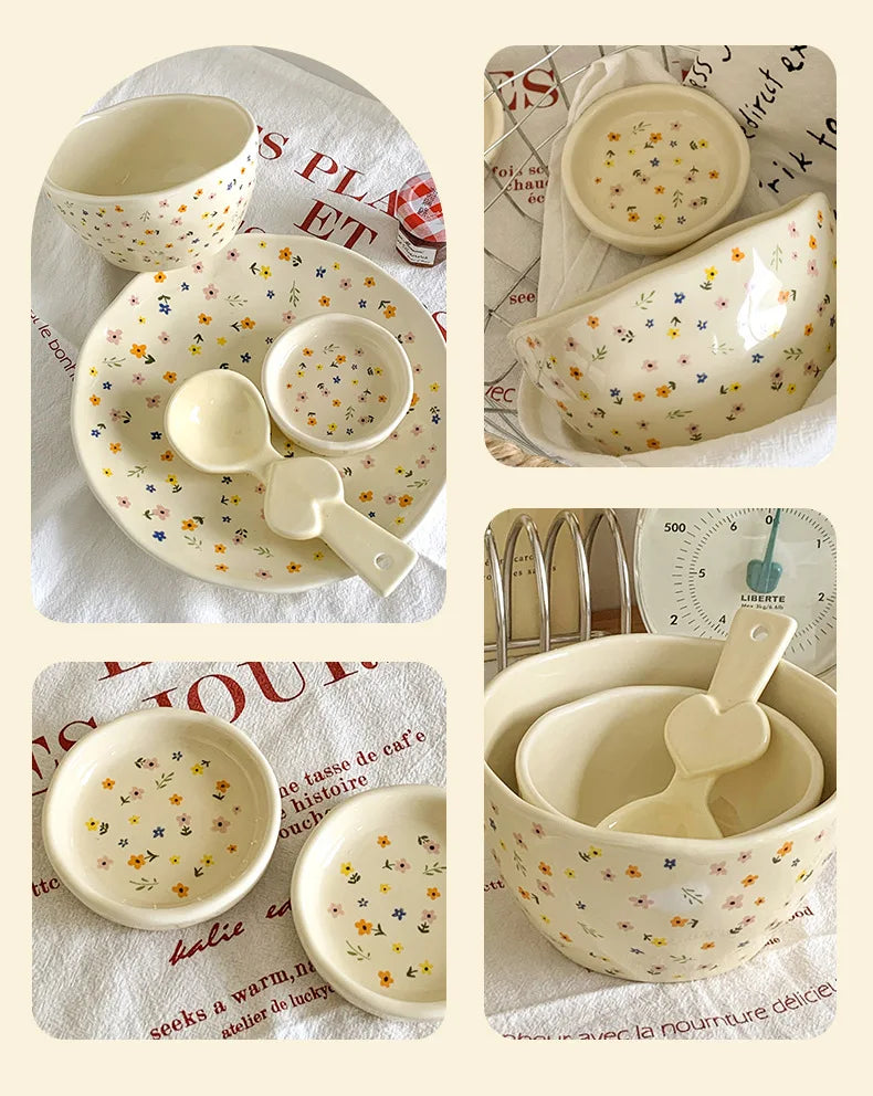Korean Ceramic Bowl Dish with Fresh Flower Design INS Style High Appearance Level Home Domestic Rice Dish Fruit Salad Bowl