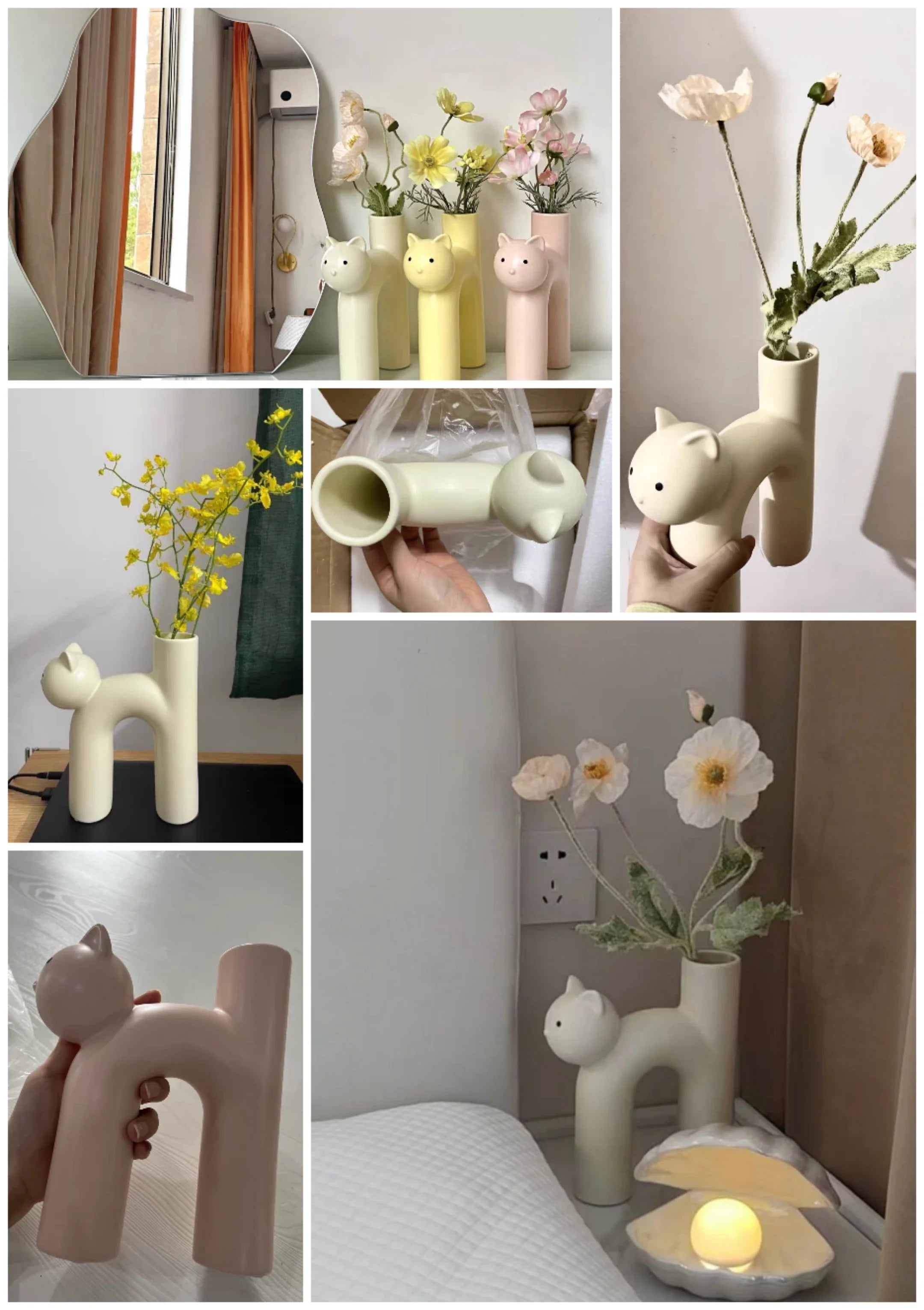 Ceramic Flower Vase H-shaped Cute Tubular Kawaii Cat Vase Room Home Desktop Decoration Room Decor Art Ornament Gift Flowerpot