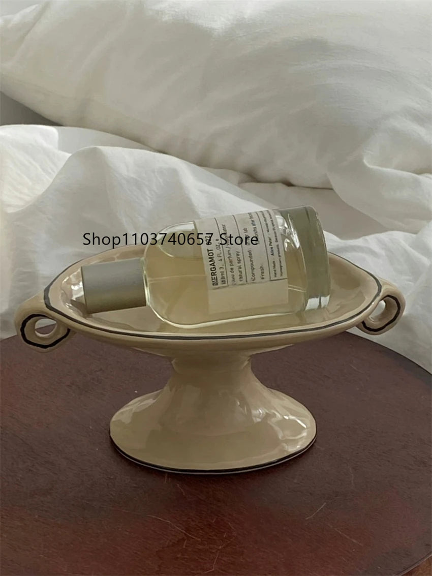 Vintage Simple Ceramic Storage Plate Cute Handmade Ornaments Home Accessories Creative Ins Style Binaural High Foot Tray