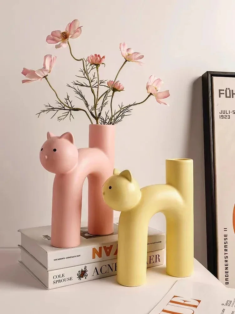 Ceramic Flower Vase H-shaped Cute Tubular Kawaii Cat Vase Room Home Desktop Decoration Room Decor Art Ornament Gift Flowerpot
