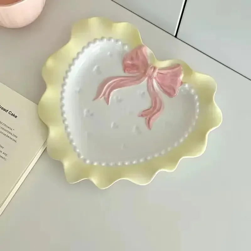 Heart-shaped Bow Wavy Edge Ceramic Dinnerware Set Ideal Cake Presentation, Korean Princess Pastry Platter, Lace-edged Rice Bowls