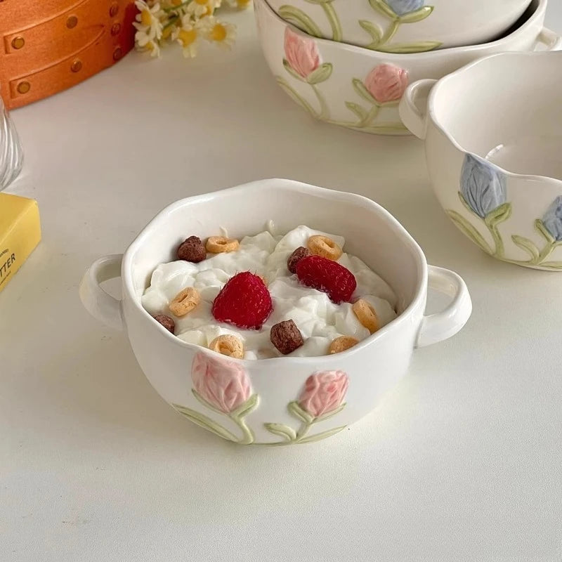 Cute Binaural Bowl Household Tableware with High Aesthetic Value Rice Bowl Ceramic Dessert Yogurt Salad Bowl