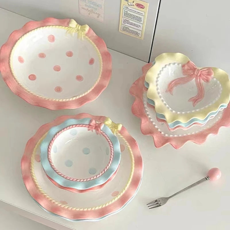 Heart-shaped Bow Wavy Edge Ceramic Dinnerware Set Ideal Cake Presentation, Korean Princess Pastry Platter, Lace-edged Rice Bowls