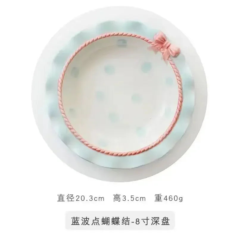 Heart-shaped Bow Wavy Edge Ceramic Dinnerware Set Ideal Cake Presentation, Korean Princess Pastry Platter, Lace-edged Rice Bowls