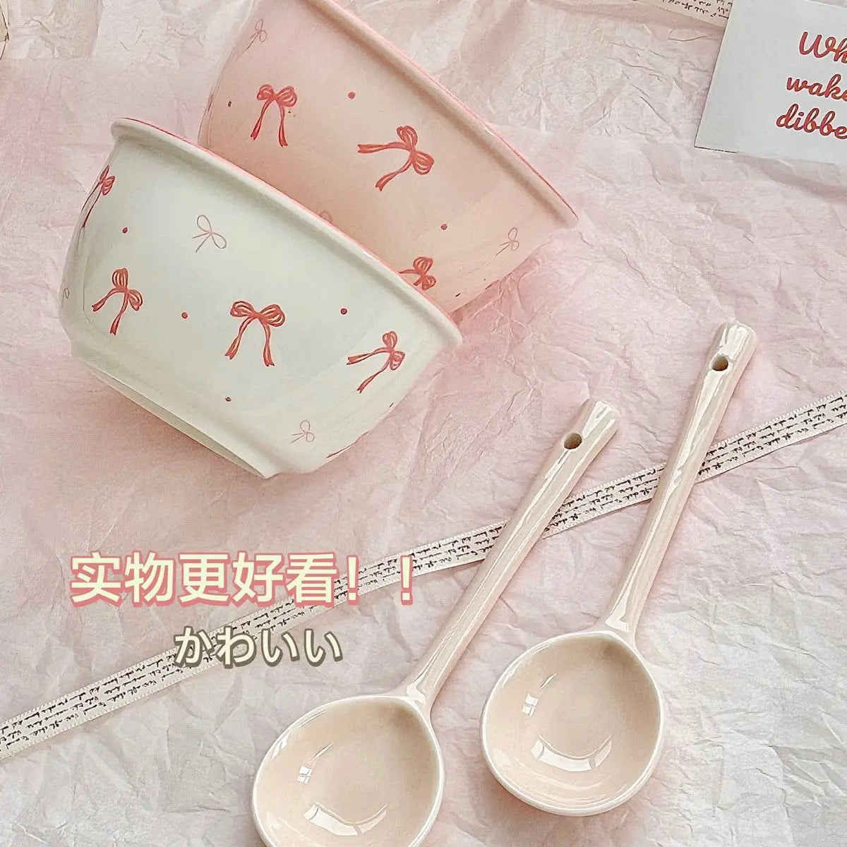 Pink Bow Rice Bowl,Ceramic Bowls Spoons Plates Underglaze Color High Value Tableware Dessert Bowl Set Unique Serving Plate