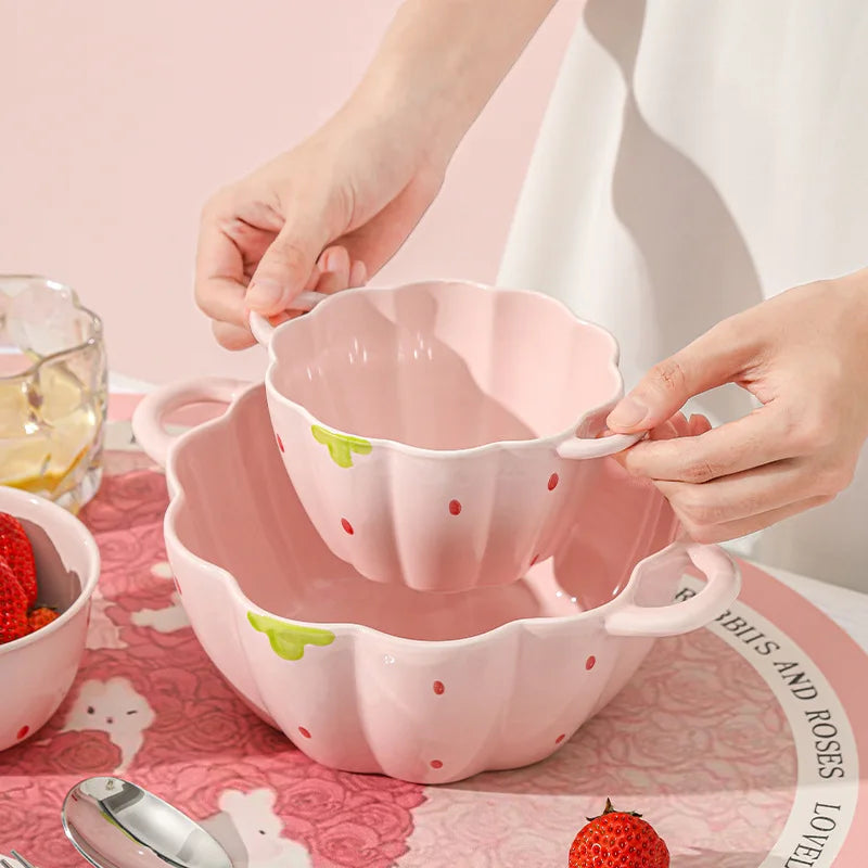 Cute Strawberry Ceramic Bowl Set For Home Use High Aesthetic Instant Noodles Salad Dessert Dining Tableware Kitchen Supplies