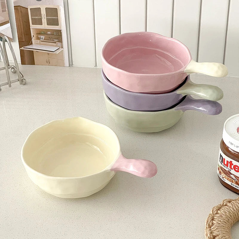 Simple Solid Ceramic Bowl With Handle Contrast Color Durable Home Kitchen Noodle Soup Dinnerware 500ML Fruit Yogurt Tablewares