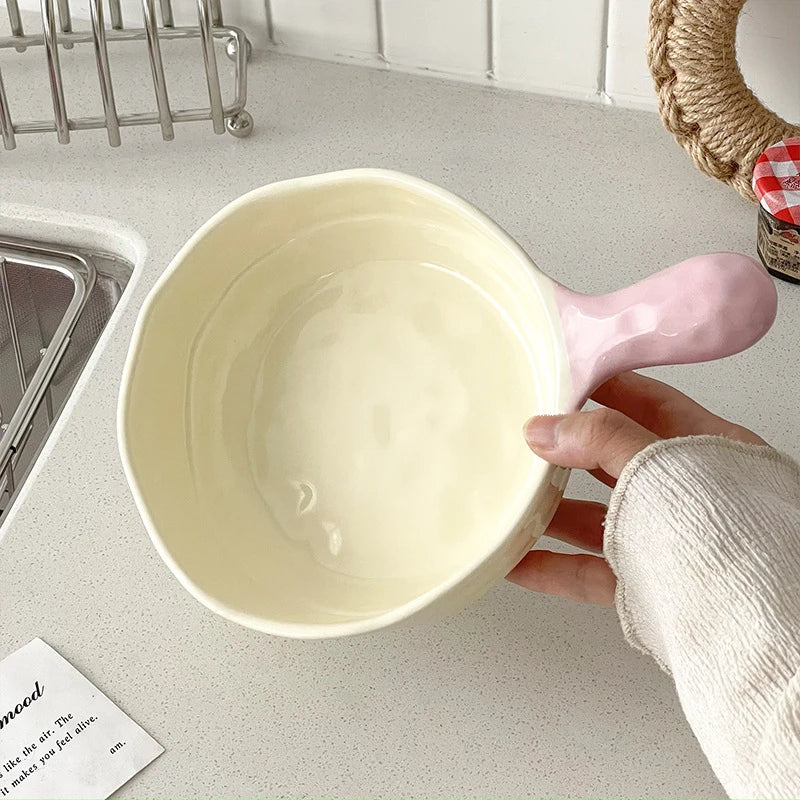 Simple Solid Ceramic Bowl With Handle Contrast Color Durable Home Kitchen Noodle Soup Dinnerware 500ML Fruit Yogurt Tablewares