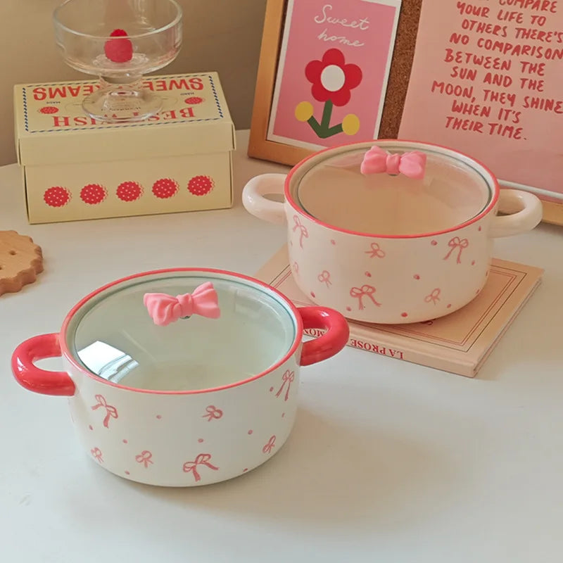 3Pcs Bow Ceramic Instant Noodle Bowl with Lid, High-Looking Double-Ear Instant Noodle Bowl with Lid and Large Capacity, Pink Girly Heart Ceramic Bowl for Home Daily Use, Party, Office Instant Noodle Bowl, Outdoor Camping Styl