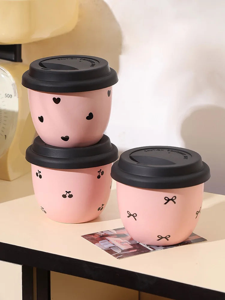 Pink Hand-held Coffee Cup Cute Casual Cup with Lid Female Water Cup French Beautiful Drinking Water Ceramic with Silicone Lid
