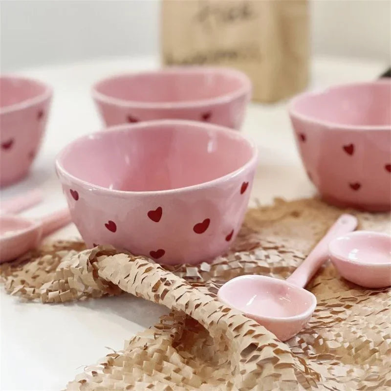 Pink Love Cutlery Set Rice Bowl Household Ceramic Double Ear Instant Noodle Soup Bowl Hand Paired Spoon Combination Noodle Bowl