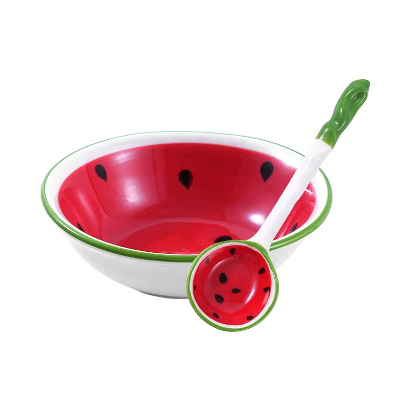 Lovely Strawberry Watermelon Shaped Bowl Spoon Ceramic Cereal Spoons Ramen Soup Spoons Fruit Pattern Serving Bowl Spoon