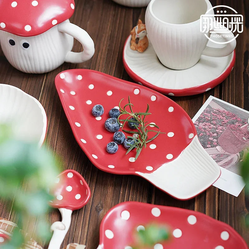 Cute Red Mushroom Ceramic Tableware Coffee Cup Afternoon Tea Set Creative Cartoon Pastry Plate Rice Bowl Salad Plate Dinner Dish