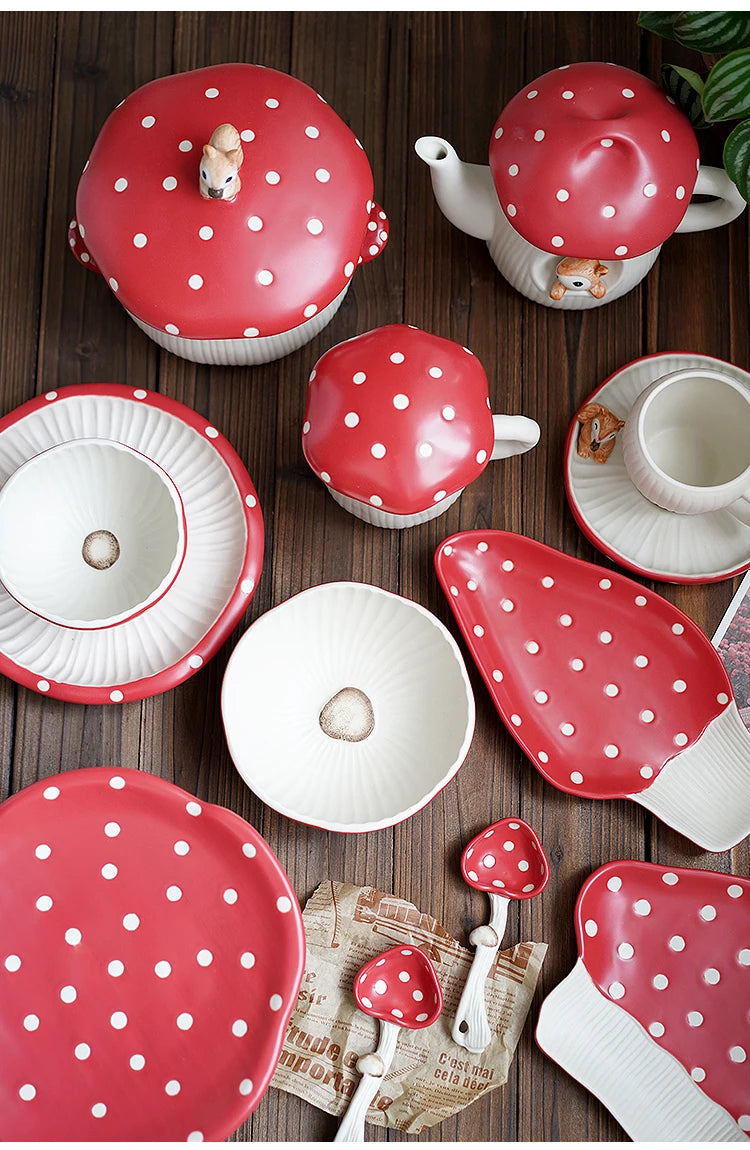 Cute Red Mushroom Ceramic Tableware Coffee Cup Afternoon Tea Set Creative Cartoon Pastry Plate Rice Bowl Salad Plate Dinner Dish