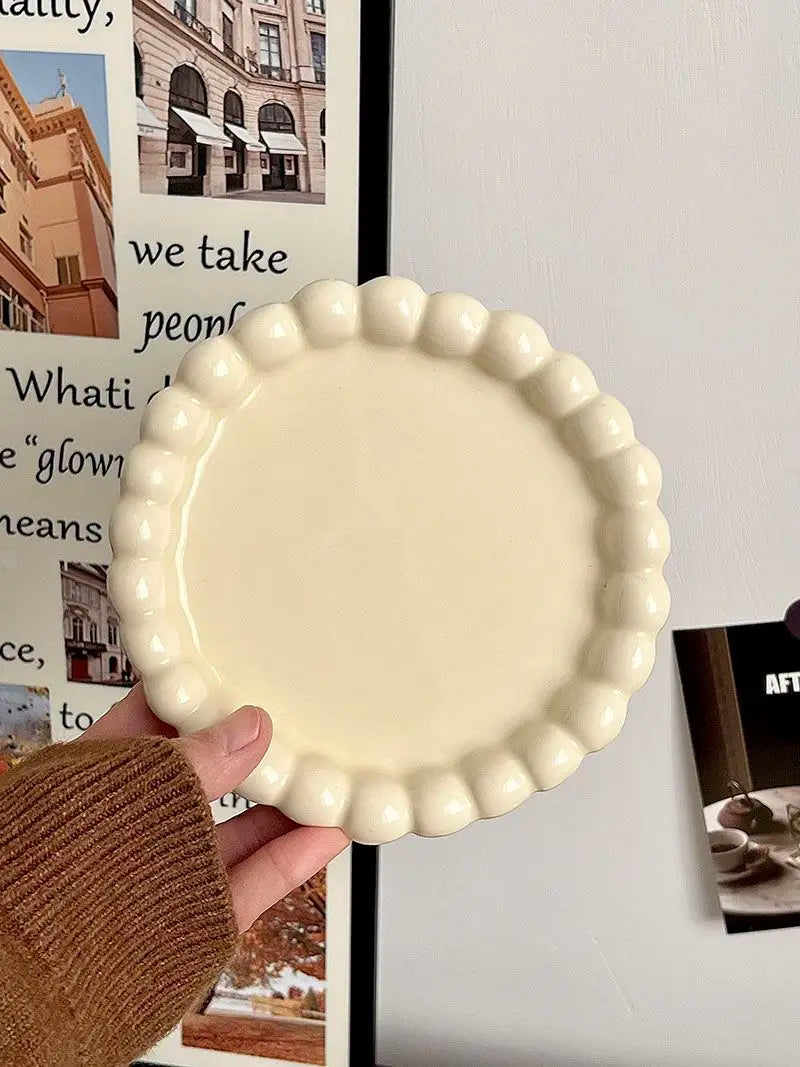 Cream Ins Ceramic Plate Bead Ordering Plate Milk Whisper Korean Wind Bead Edge Dessert Plate Breakfast Dish Home Tableware