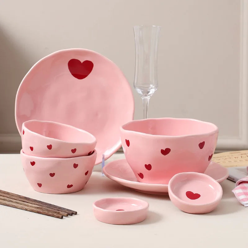 Salad Bowl Pink Heart Pattern Ceramic Plate Coffee Cup Children Dessert Bowl Household Cute Dinner Plates Restaurant Tableware