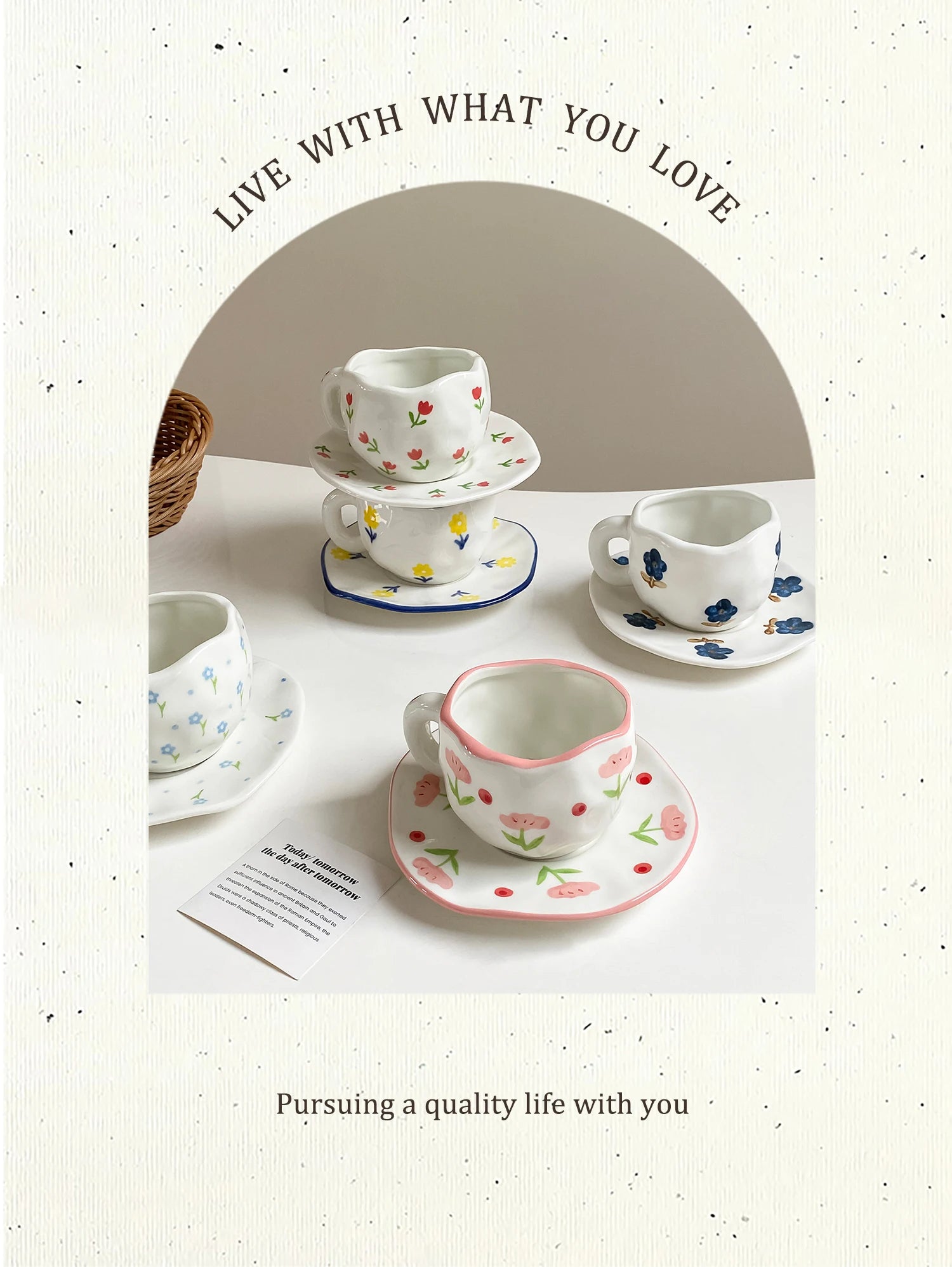1Pc280Ml Original Design Scandinavian Style Hand-Kneaded Ceramic Coffee Cup and Saucer Multi-Color Plaid Heart Blue Sky and White Clouds Flower Mug Suitable for Afternoon Tea Milk Cup and Saucer Latte Cup Dessert Plate Cup an