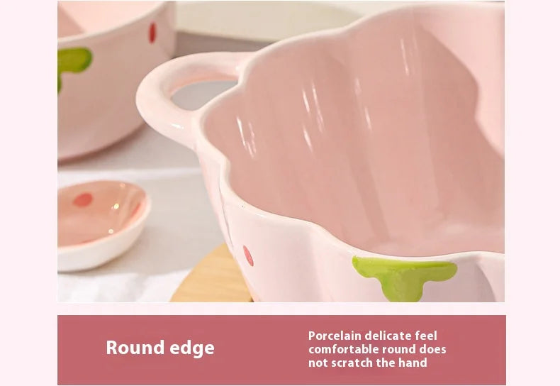 Cute Strawberry Ceramic Bowl Set For Home Use High Aesthetic Instant Noodles Salad Dessert Dining Tableware Kitchen Supplies