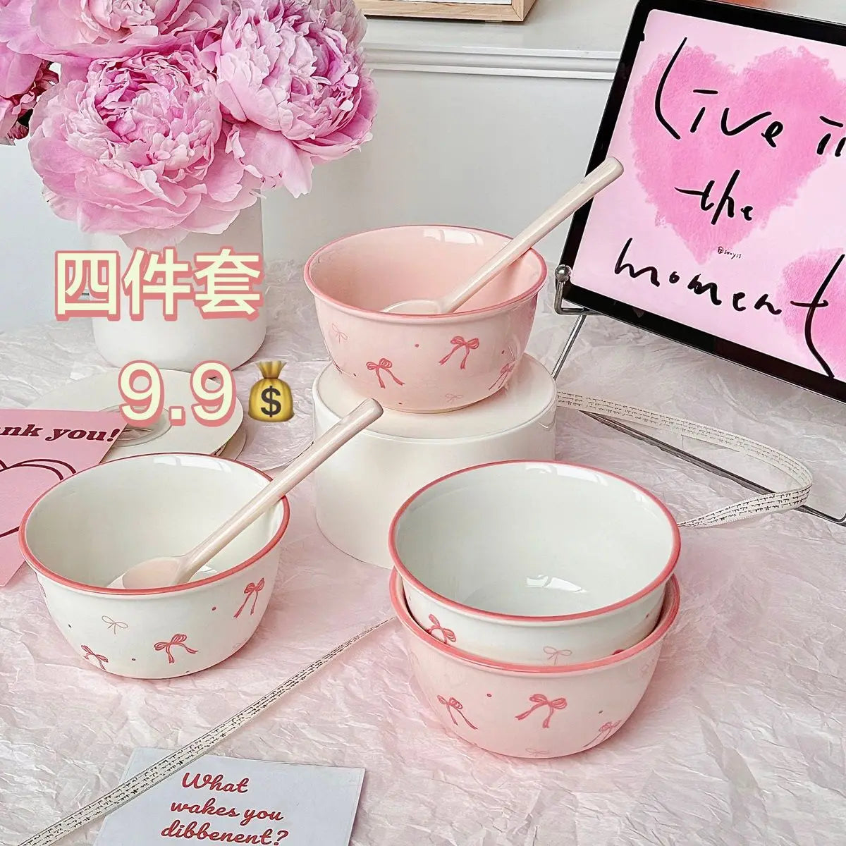Pink Bow Rice Bowl,Ceramic Bowls Spoons Plates Underglaze Color High Value Tableware Dessert Bowl Set Unique Serving Plate