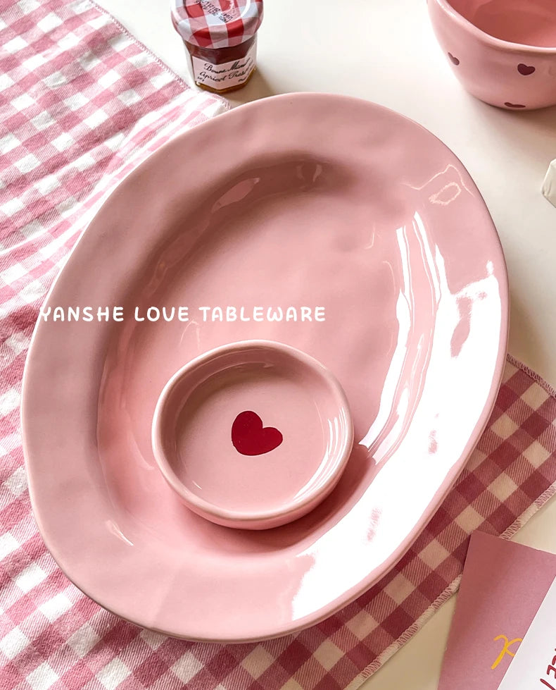 Salad Bowl Pink Heart Pattern Ceramic Plate Coffee Cup Children Dessert Bowl Household Cute Dinner Plates Restaurant Tableware