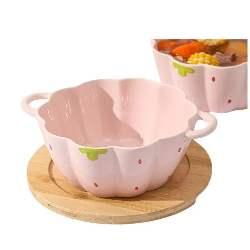Cute Strawberry Ceramic Bowl Set For Home Use High Aesthetic Instant Noodles Salad Dessert Dining Tableware Kitchen Supplies