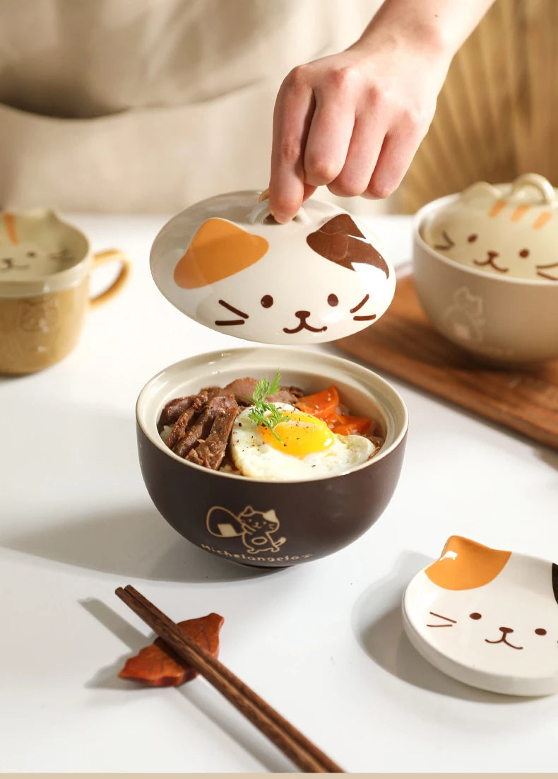 Japanese Cute Cat Cover Bowl Ceramic Soup Bowl Kawaii Instant Noodle Ramen Salad Baby Bowls Child Cartoon Decorative Dinnerware