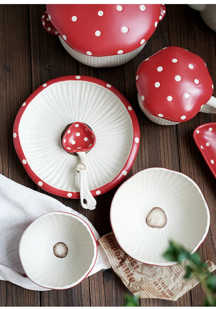 Cute Red Mushroom Ceramic Tableware Coffee Cup Afternoon Tea Set Creative Cartoon Pastry Plate Rice Bowl Salad Plate Dinner Dish