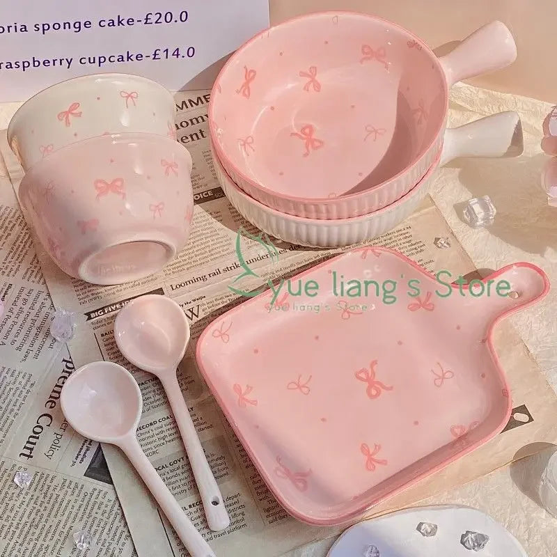Pink Bow Ceramic Cutlery Set, Dessert Home Tableware Ceramic Handle Bowl Yogurt Cup High Value Breakfast Plate Drinkware