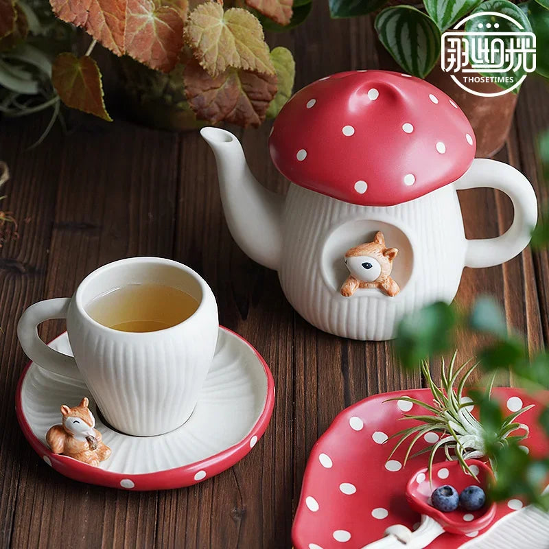 Cute Red Mushroom Ceramic Tableware Coffee Cup Afternoon Tea Set Creative Cartoon Pastry Plate Rice Bowl Salad Plate Dinner Dish