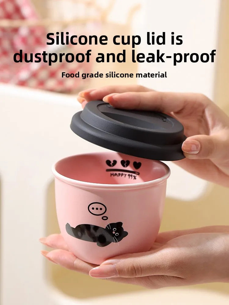 Pink Hand-held Coffee Cup Cute Casual Cup with Lid Female Water Cup French Beautiful Drinking Water Ceramic with Silicone Lid
