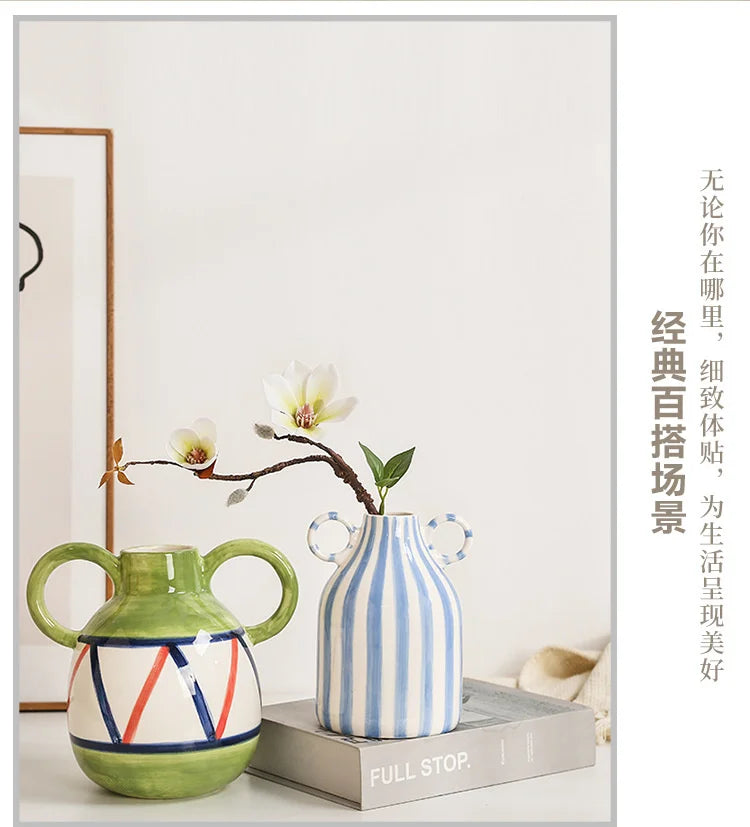 Fun Hand-painted Ceramic Flower Vase With Two Ears Living Room Decoration Accessories Decoración Hogar Home Decor Table Vases