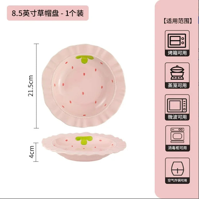 Cute Strawberry Ceramic Bowl Set For Home Use High Aesthetic Instant Noodles Salad Dessert Dining Tableware Kitchen Supplies