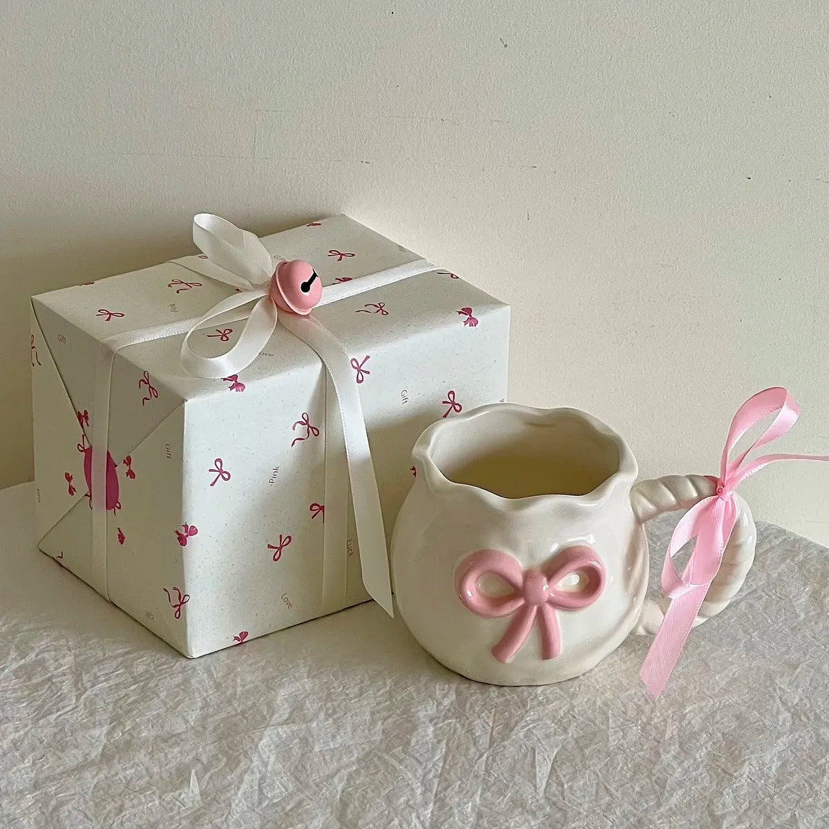 Cute Pink Relief Bow Ceramics Mug Cups Coffee Milk Drinks Ceramics Handle   Cup with Box Girls  Gift
