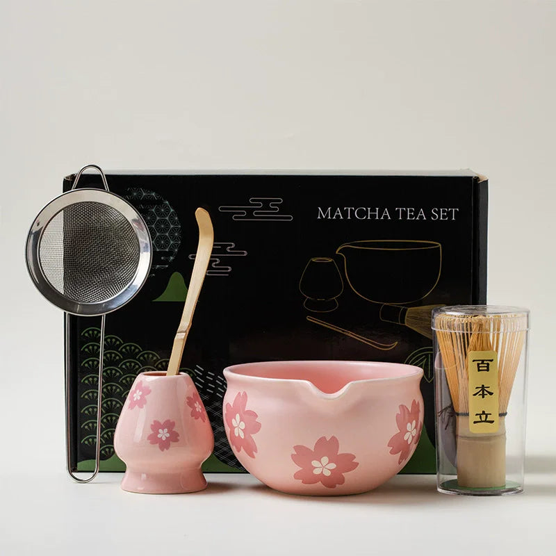 5PCS Flowers Pink Ceramic Bowl Matcha Tea Set Gift Box Safe Bamboo Brush Teaspoon Whisk Holder Matcha DIY-Making Tools ﻿