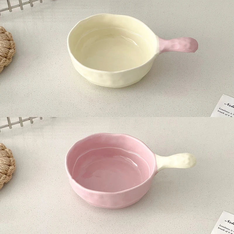 Simple Solid Ceramic Bowl With Handle Contrast Color Durable Home Kitchen Noodle Soup Dinnerware 500ML Fruit Yogurt Tablewares