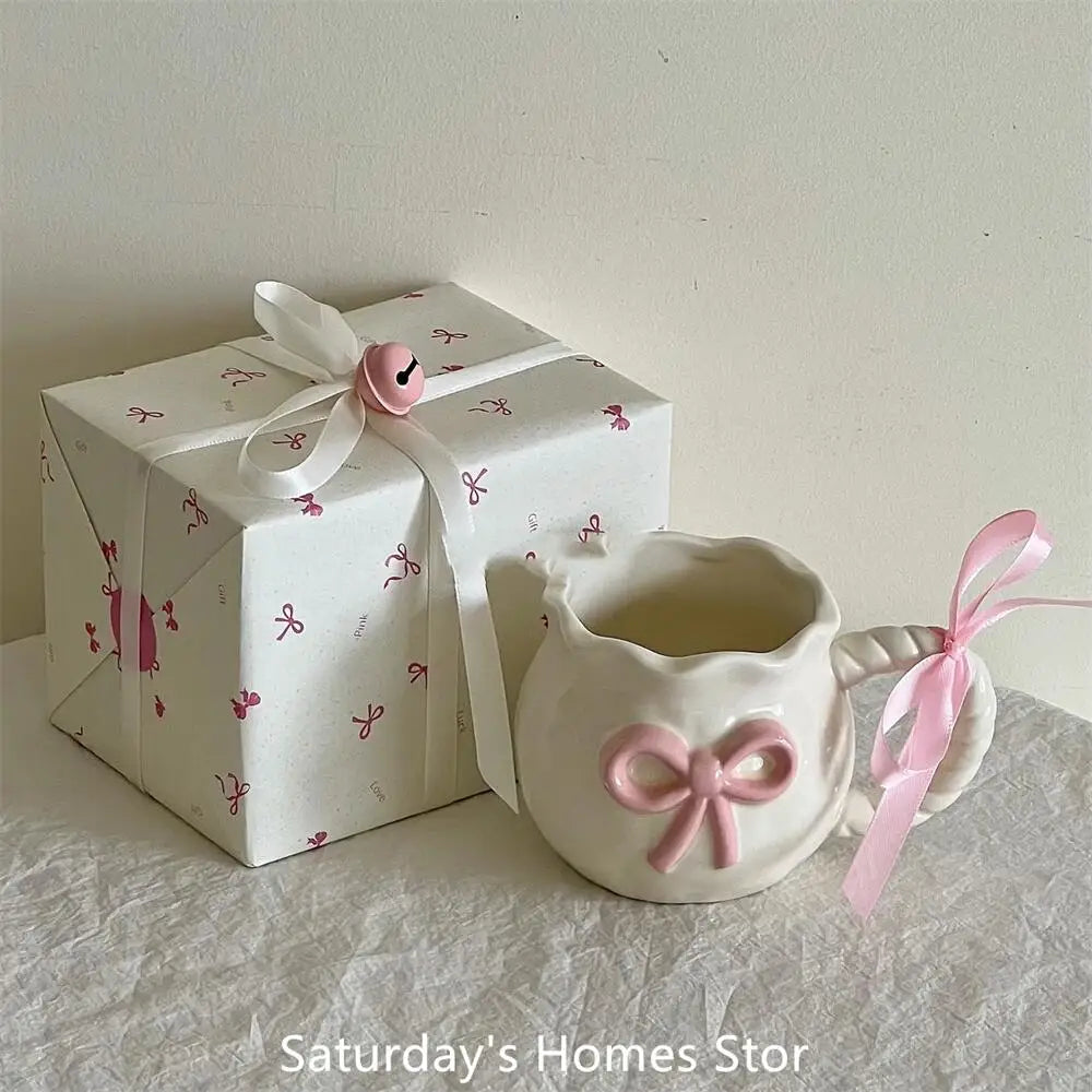 Cute Pink Relief Bow Ceramics Mug Cups Coffee Milk Drinks Ceramics Handle   Cup with Box Girls  Gift