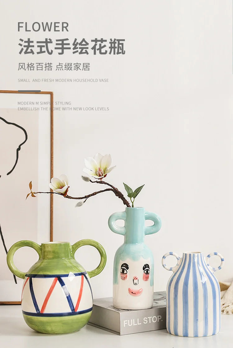 Fun Hand-painted Ceramic Flower Vase With Two Ears Living Room Decoration Accessories Decoración Hogar Home Decor Table Vases