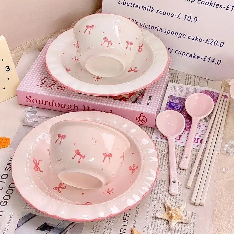 Korean Style Bowknot Underglaze Colored Bowl Plate Ceramic Dining Plate Home Salad Dessert Plate Household Art Tableware Set