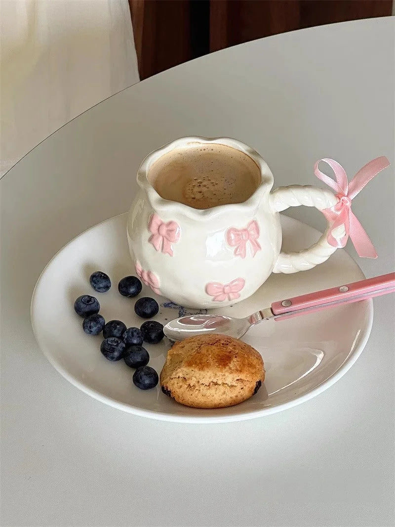Cute Pink Relief Bow Ceramics Mug Cups Coffee Milk Drinks Ceramics Handle   Cup with Box Girls  Gift