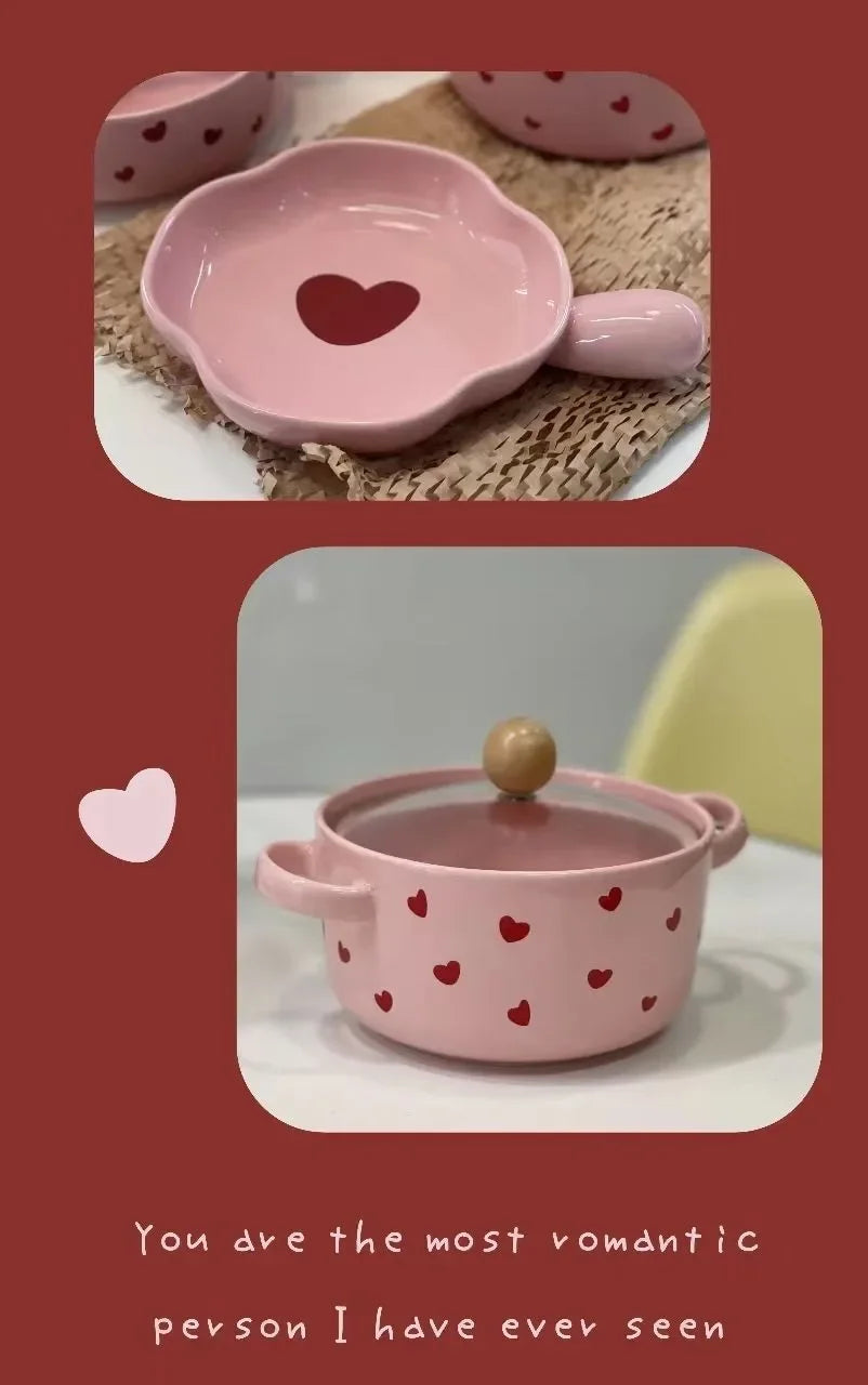 Pink Love Cutlery Set Rice Bowl Household Ceramic Double Ear Instant Noodle Soup Bowl Hand Paired Spoon Combination Noodle Bowl