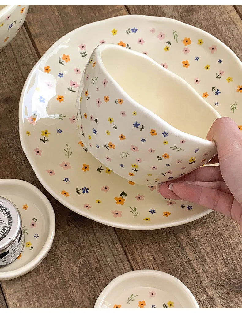 Korean Ceramic Bowl Dish with Fresh Flower Design INS Style High Appearance Level Home Domestic Rice Dish Fruit Salad Bowl
