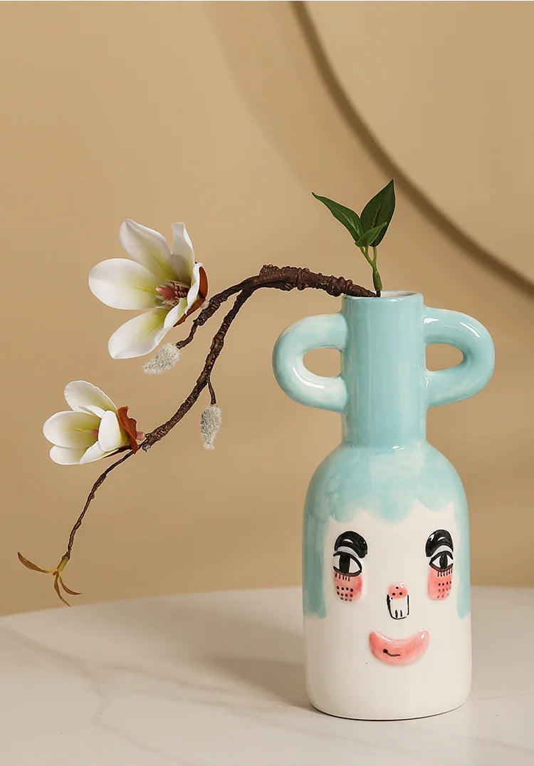 Fun Hand-painted Ceramic Flower Vase With Two Ears Living Room Decoration Accessories Decoración Hogar Home Decor Table Vases