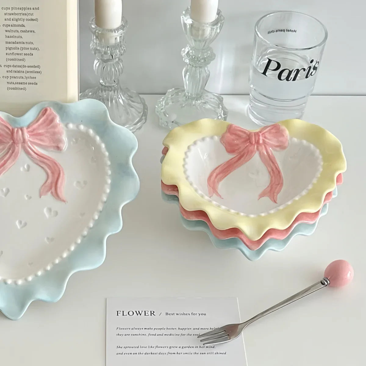 Heart-shaped Bow Wavy Edge Ceramic Dinnerware Set Ideal Cake Presentation, Korean Princess Pastry Platter, Lace-edged Rice Bowls