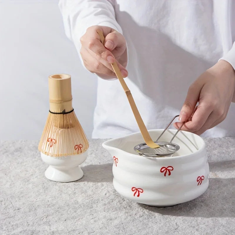 5 pieces of white bow decal ceramic matcha set, matcha set includes matcha bowl, matcha mixer and holder, bamboo spoon, sieve